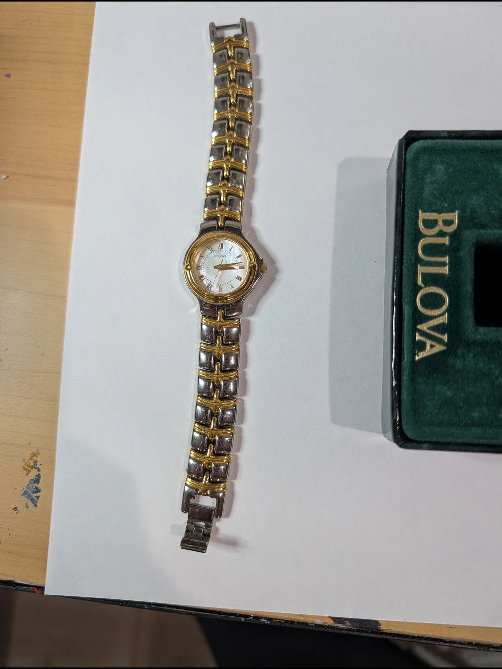 Vintage Bulova 98L56 Two Tone Women’s Watch w/ Box Receipt Extra Links Running